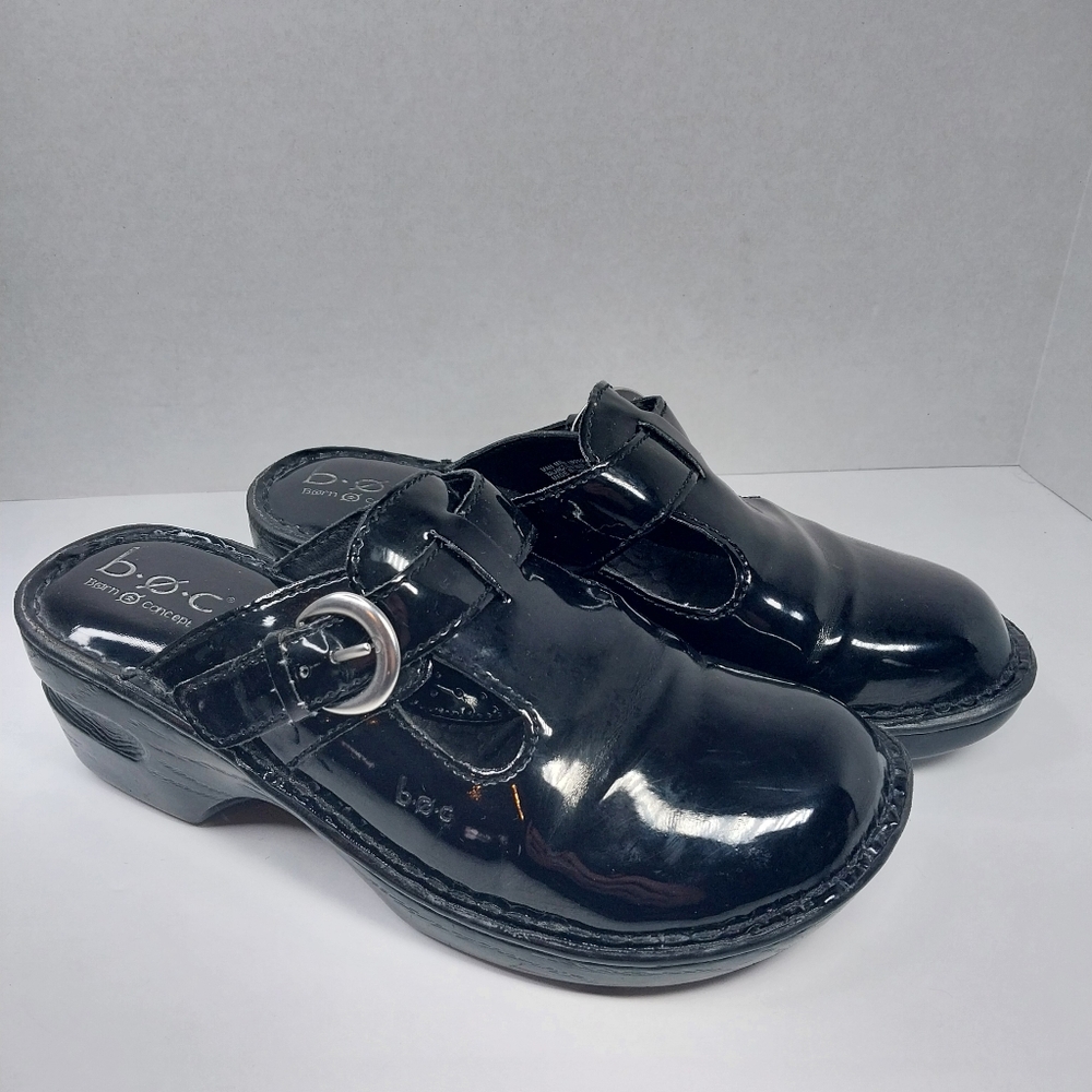 BOC by Born Size 7 M Slip on Glossy Black Chunky Buckle Mules Shoes Clogs